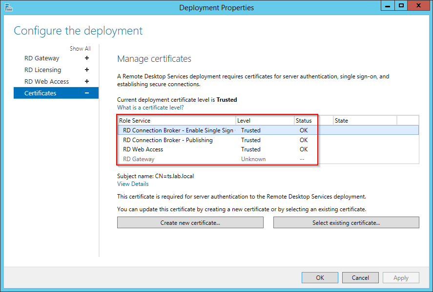 RDS Certificate Settings