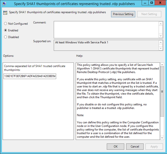 RemoteApp GPO Settings SHA1 Thumbprint